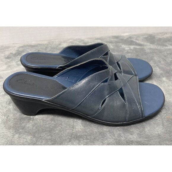 Clarks Womens Blue Strappy Heeled Slide Sandals Size US 7.5 Vtg Casual Office - Picture 3 of 10
